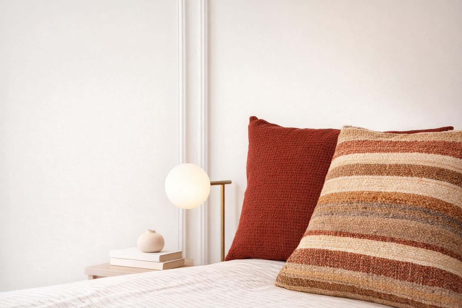 Un dormitorio ordenado con una cama, una mesita de noche con lámpara y un pequeño objeto decorativo.