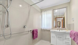 Ducha, secador de pelo, toallas, jabón