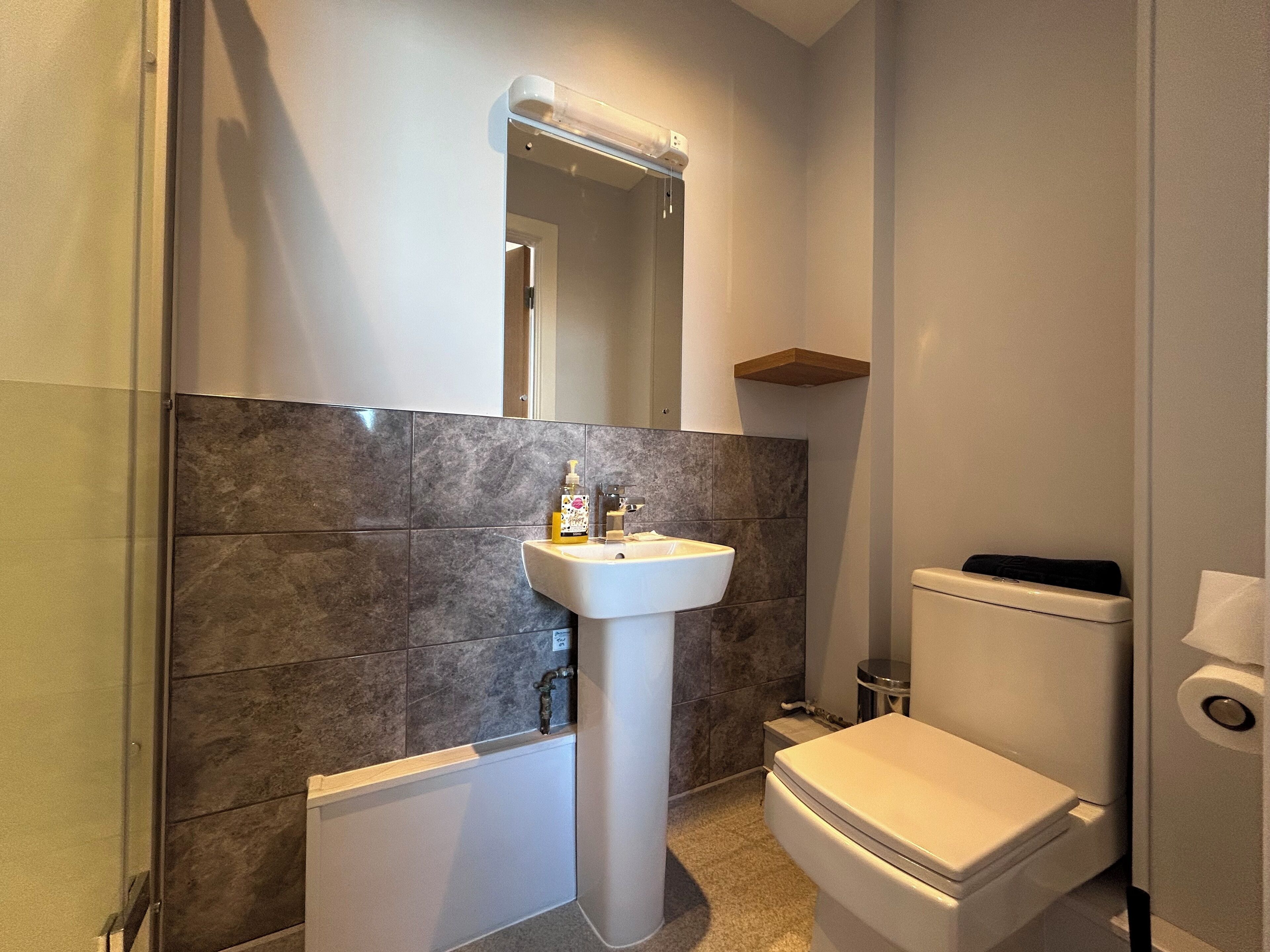 A bathroom with a white sink, a toilet, and a mirror above the sink.