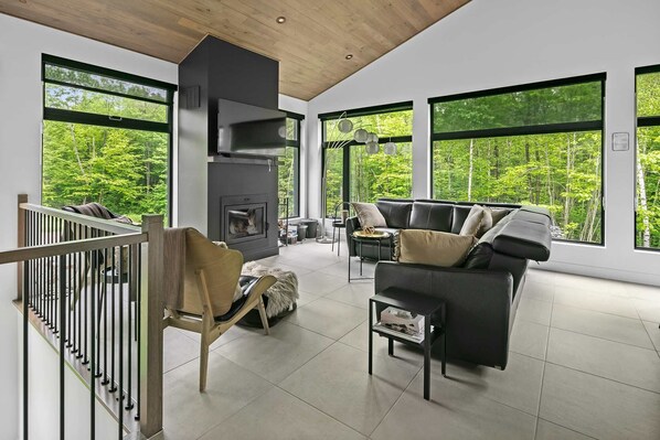 Een televisie, een open haard, een stereo en een kantoor