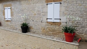 Un bâtiment en pierre doté de deux fenêtres, chacune ornée de volets blancs. Trois plantes en pot, dans des pots rouges, sont disposées le long de la base du bâtiment.