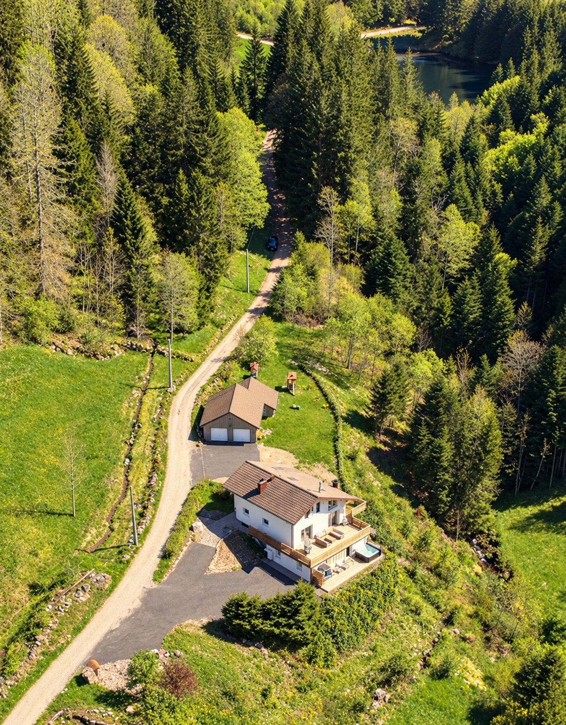 Une maison à deux étages avec une allée pavée et un petit jardin.