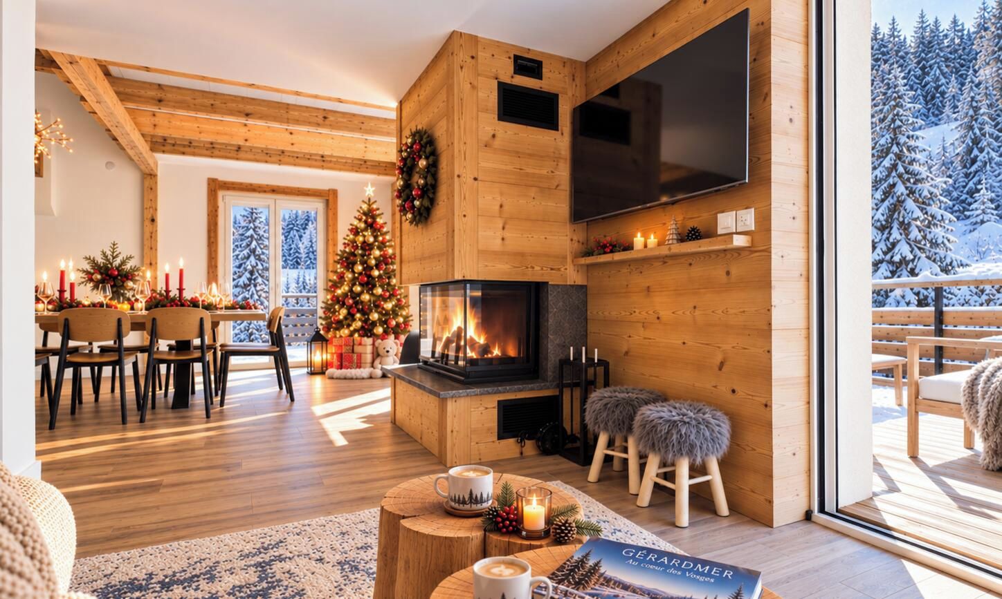 Ein gemütliches Wohnzimmer mit Kamin, Holzwänden, einem Essbereich und Blick auf schneebedeckte Bäume.