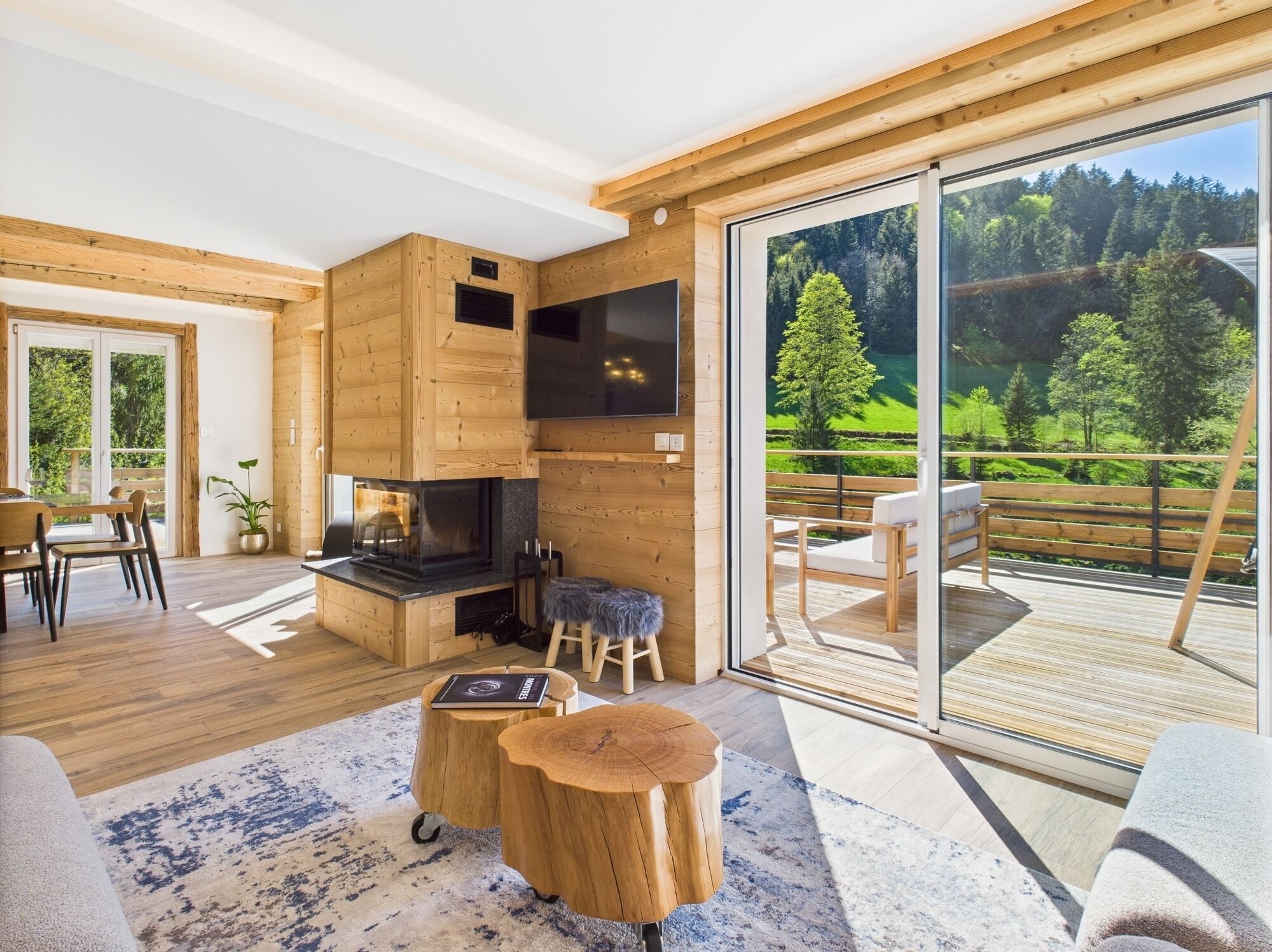 Televisión, chimenea, estéreo