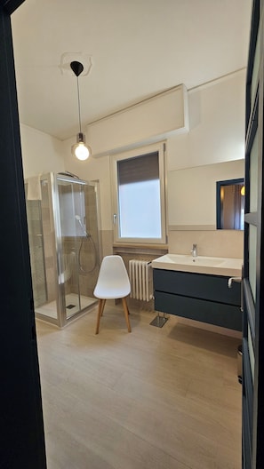 Shower, hair dryer, bidet, towels