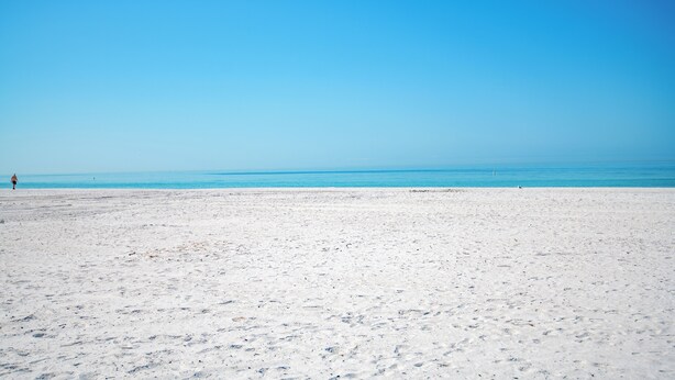 Une vaste plage de sable fin, sous un ciel bleu dégagé et une mer calme.
