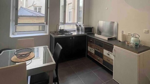 A compact kitchen with a dining table, chairs, a refrigerator, a microwave, and a television. - Le Masséna d'Or: Quiet, Metro + Parc Tête D'or (Lyon)