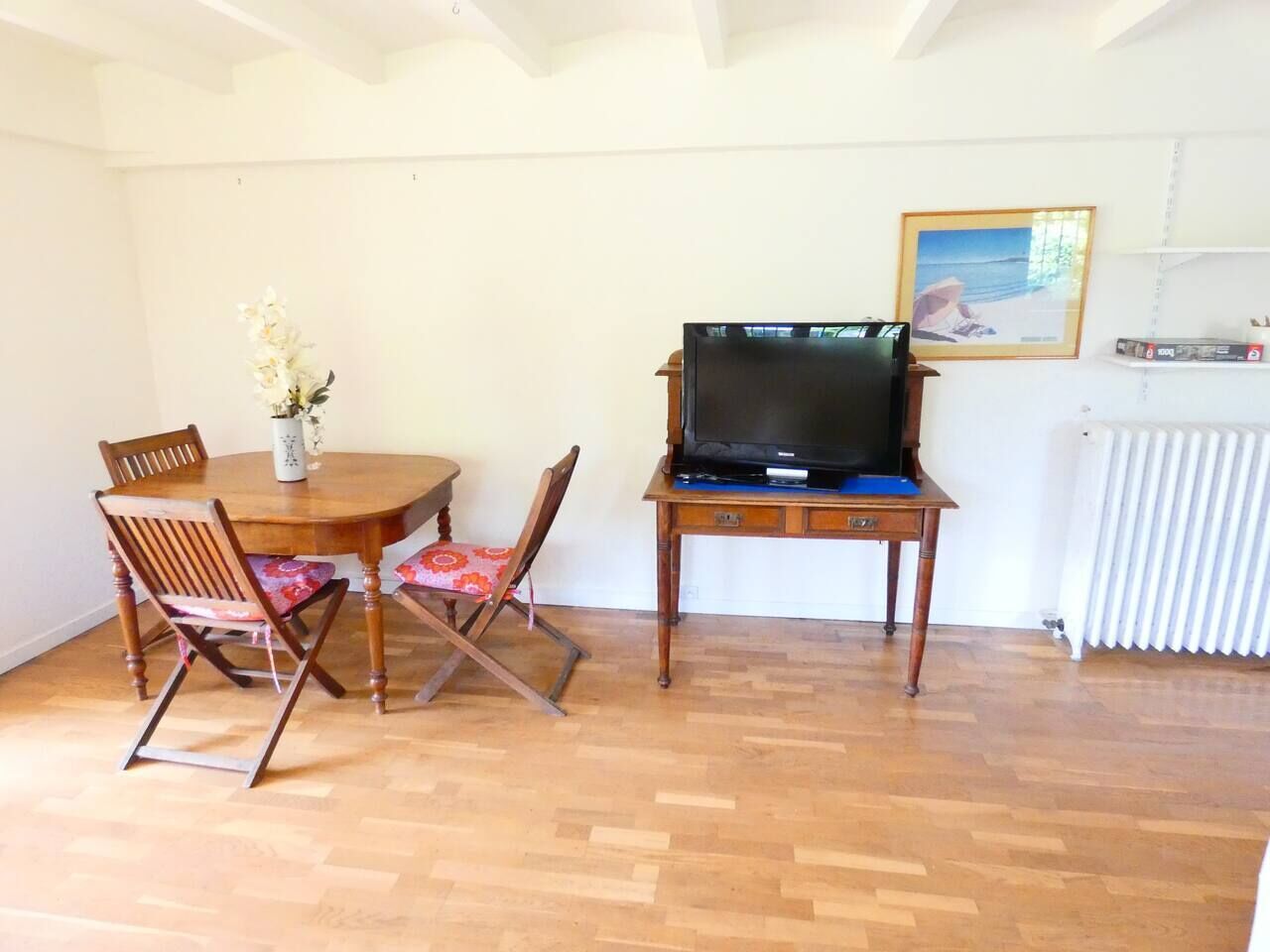 A dining area with a wooden table and chairs, a television on a stand, and a radiator on the wall.