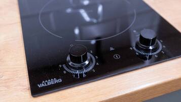 A black induction cooktop with two knobs and a control panel, labeled "VALBERG."