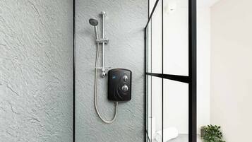 Shower, hair dryer, shampoo