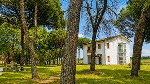 Um edifício branco com telhado plano, rodeado por um espaço verde com árvores.