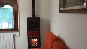 Uma sala de estar com sofá, lareira, radiador e janela com vista para árvores.