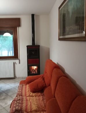 Un salon avec un canapé, une cheminée, un radiateur et une fenêtre donnant sur des arbres.