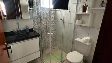 Hair dryer, towels, soap, toilet paper