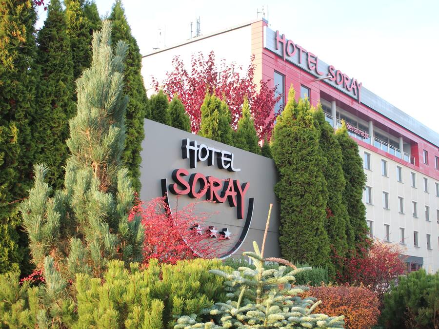 A hotel sign with the name 'Hotel Soray' surrounded by evergreen trees and red foliage.