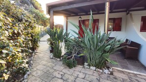 Een overdekt buitengebied met een met bakstenen bestraat pad, plantenpotten en tuinmeubilair.