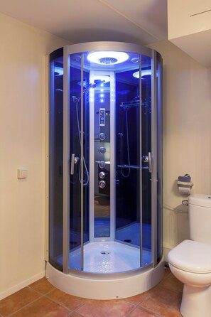 Shower, hair dryer, towels, soap