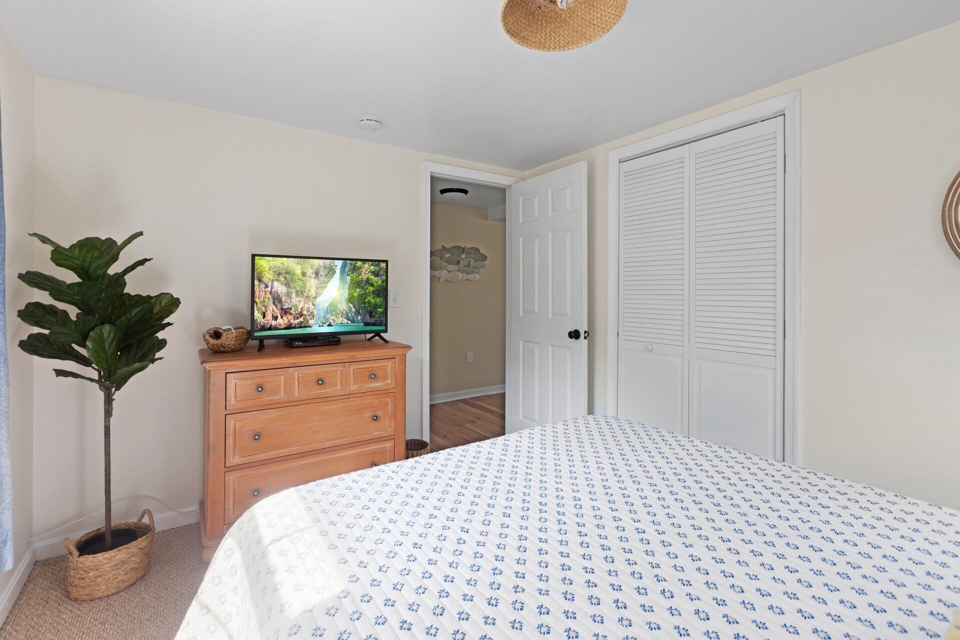 Un dormitorio con cama, cómoda, televisor y una planta en maceta.