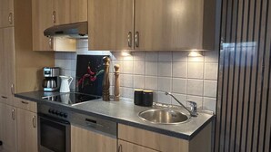 A modern kitchen with wooden cabinets, a stainless steel sink, and a coffee maker. - Ferienhof Eckhoff apartment no. 1 (Fehmarn)