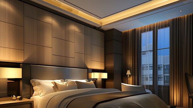 A modern hotel room with a large bed, wooden paneling, and a view of a cityscape through large windows. - Hotel The white Sand suites (New Delhi)