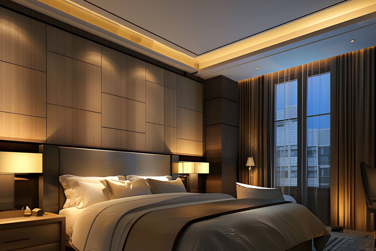 A modern hotel room with a large bed, wooden paneling, and a view of the cityscape through floor-to-ceiling windows.