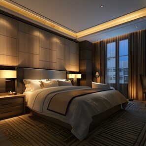 A modern hotel room with a large bed, wooden paneling, and a view of a cityscape through large windows. - Hotel The white Sand suites (New Delhi)