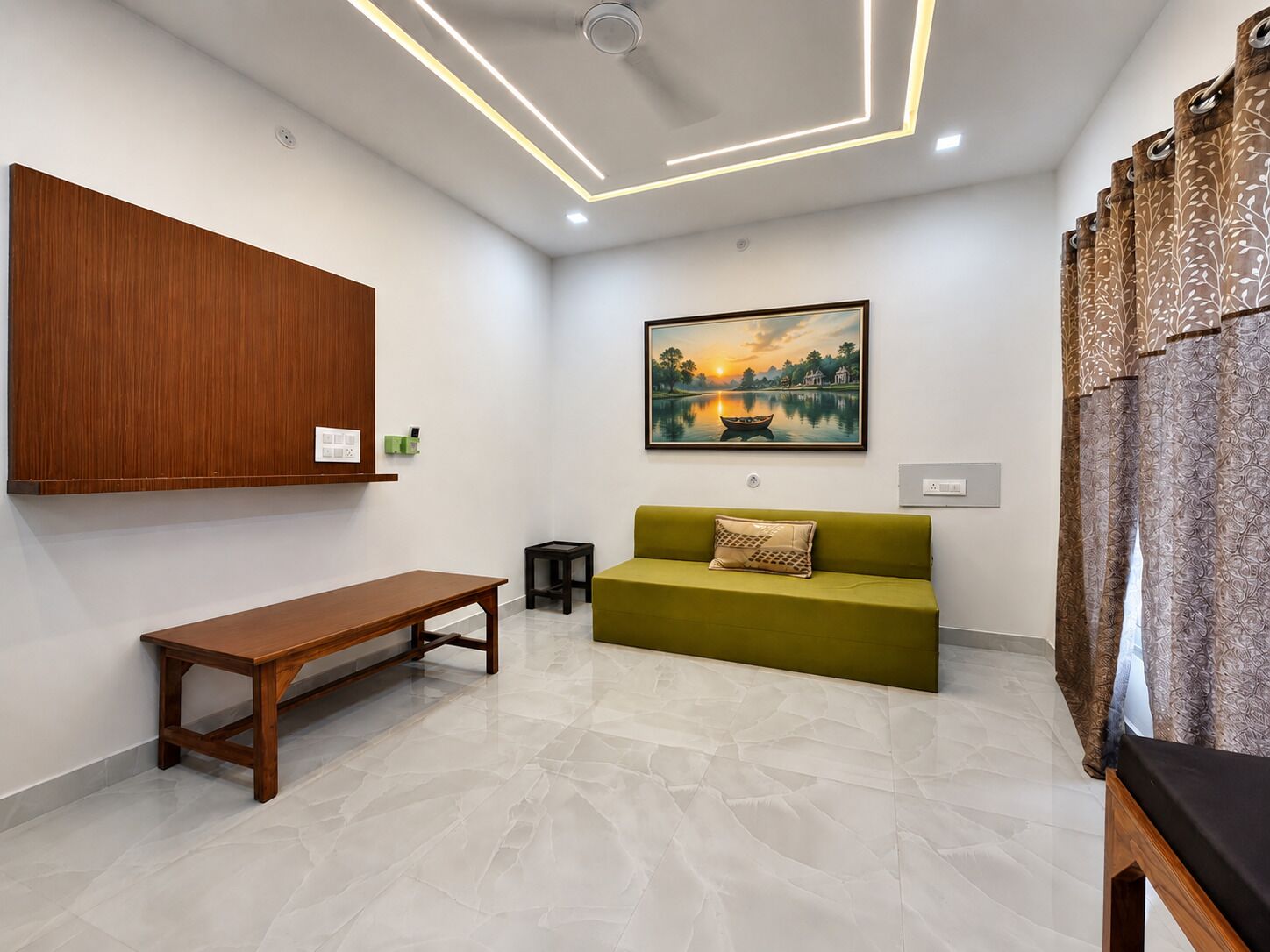 A modern living room with a wooden cabinet, a green sofa, a wooden bench, and a framed landscape painting.