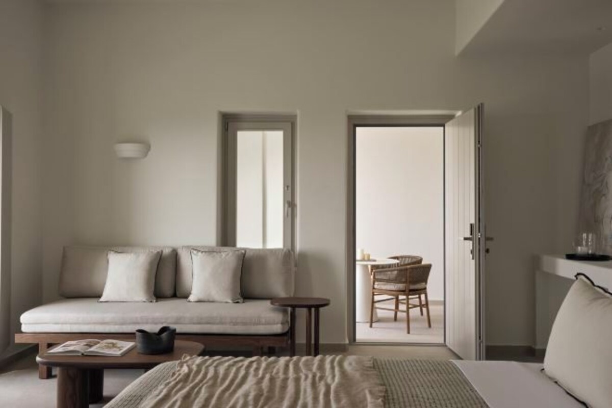 A minimalist room with a bed, a sofa, a small table, and a chair.