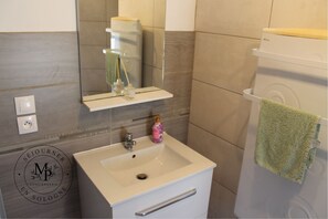 Shower, hair dryer, soap, toilet paper