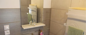 Regadera, secadora de cabello, jabón, papel de baño
