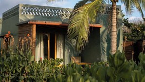 A modern building with a geometric facade, a palm tree in the foreground, and lush greenery around. - Samas Hotel - La Saladita (Saladita)