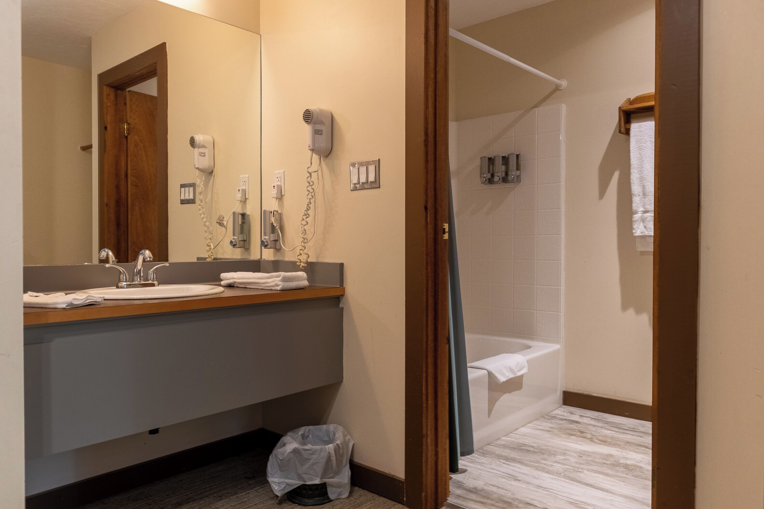 A hotel bathroom with a sink, mirror, hair dryer, and shower.