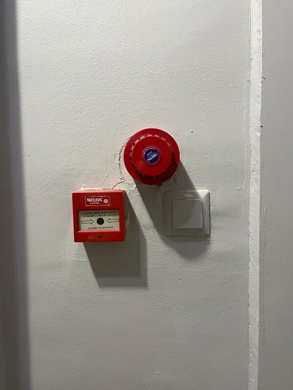 Seinään asennettu palovaroitin ja valokytkin.