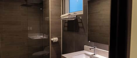 A modern bathroom with a glass-enclosed shower, a toilet, and a sink with a mirror above.