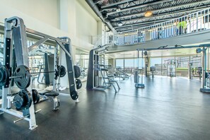 Work out in style with a variety of equipment and a mezzanine level offering a bird's-eye view of the space.