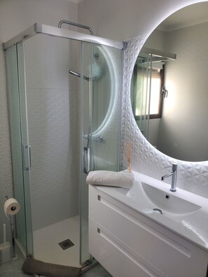 Shower, hair dryer, towels