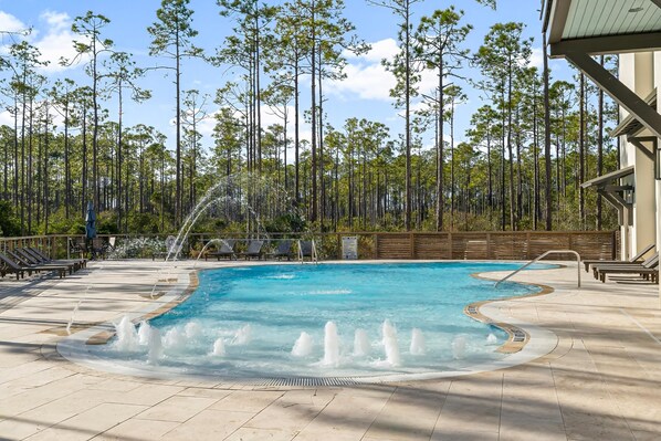 Seasonal outdoor pool, pool loungers