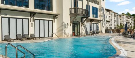 Seasonal outdoor pool, pool loungers