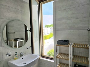 Shower, hair dryer, towels