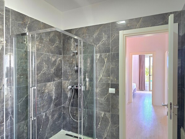 Shower, hair dryer, towels