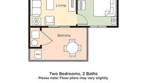 A floor plan of a two-bedroom, two-bathroom apartment with a balcony and a BBQ area. - Worldmark Indio Resort/Coachella Week1/2BDR/Sleeps 6 (Indio)