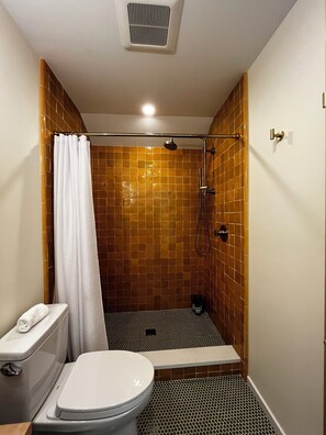 Douche, sèche-cheveux, serviettes fournies, savon