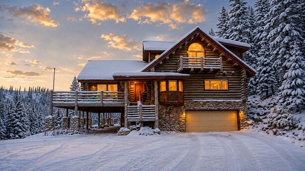 A log cabin with a stone foundation, a balcony, and a garage. - Log Home • Dog Friendly • Mtn. Views • 10 min. to Breck (Breckenridge)