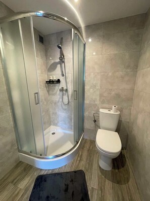 A modern bathroom with a glass-enclosed shower, a toilet, and a vanity with a mirror. - Cozy Apartment located in the City Center in Dębica with WiFi, pet-friendly (Dębica)
