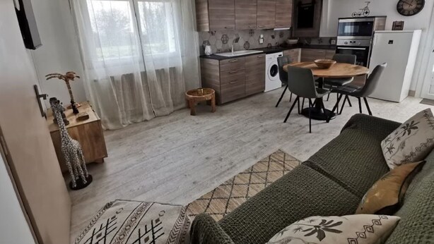 Un espacio habitable compacto con kitchenette, comedor y sofá.