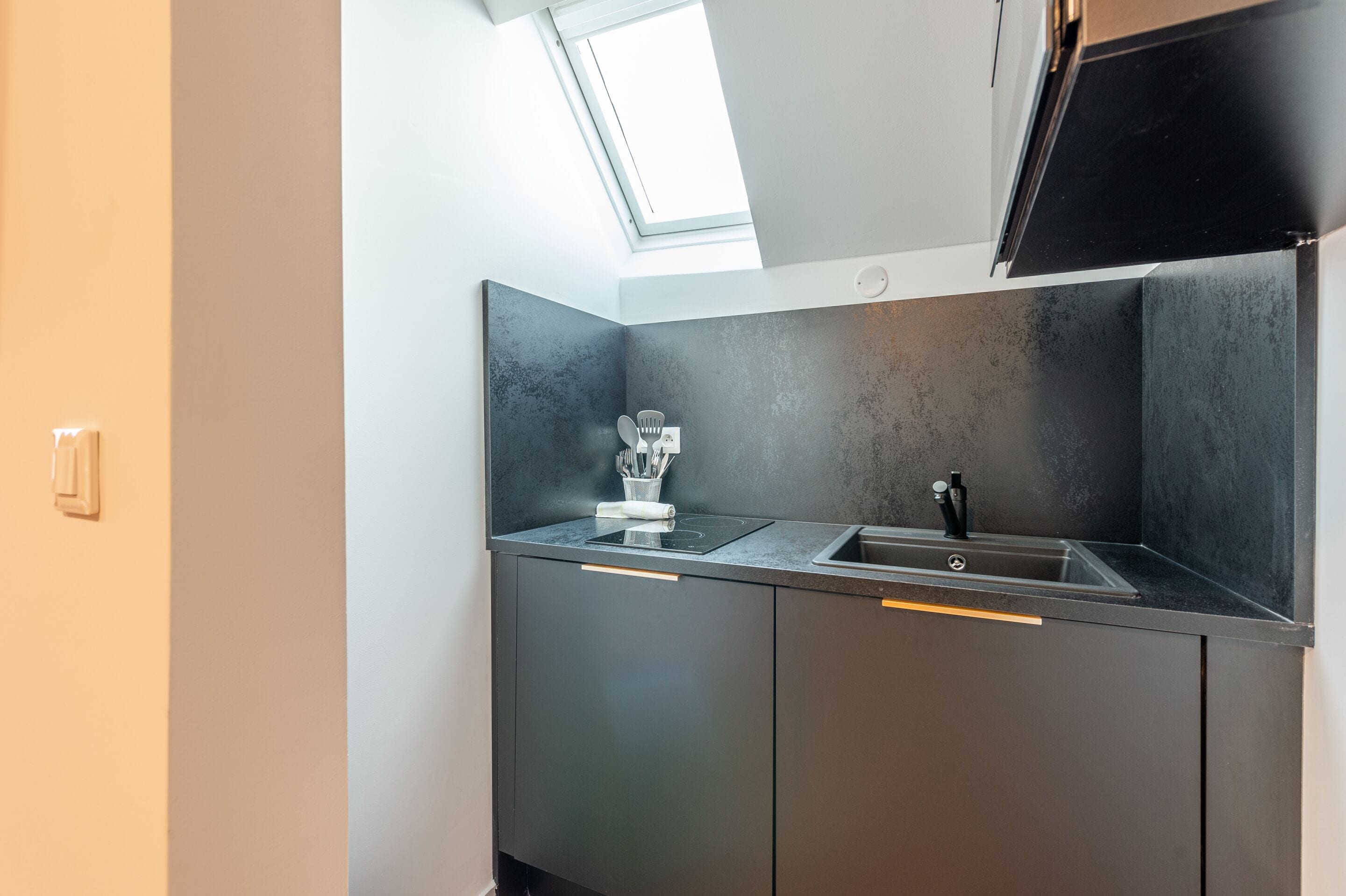 Una cocina moderna con tragaluces, encimeras oscuras y un lavabo empotrado.