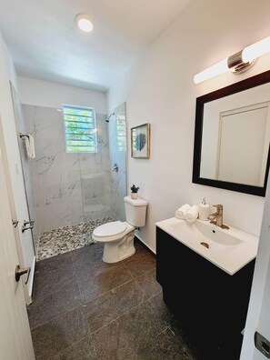 Hair dryer, towels, toilet paper