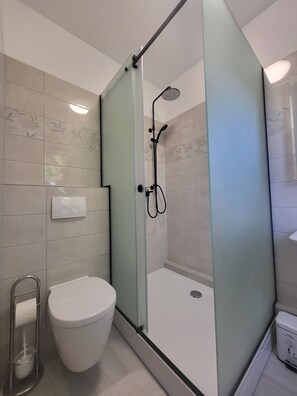 Hair dryer, towels, soap, toilet paper