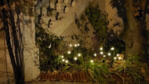 A staircase with ornate balustrades, surrounded by foliage and illuminated by string lights. - Charming studio in Zagreb with AC, fitness room, WiFi and spa zone  (Zagreb)