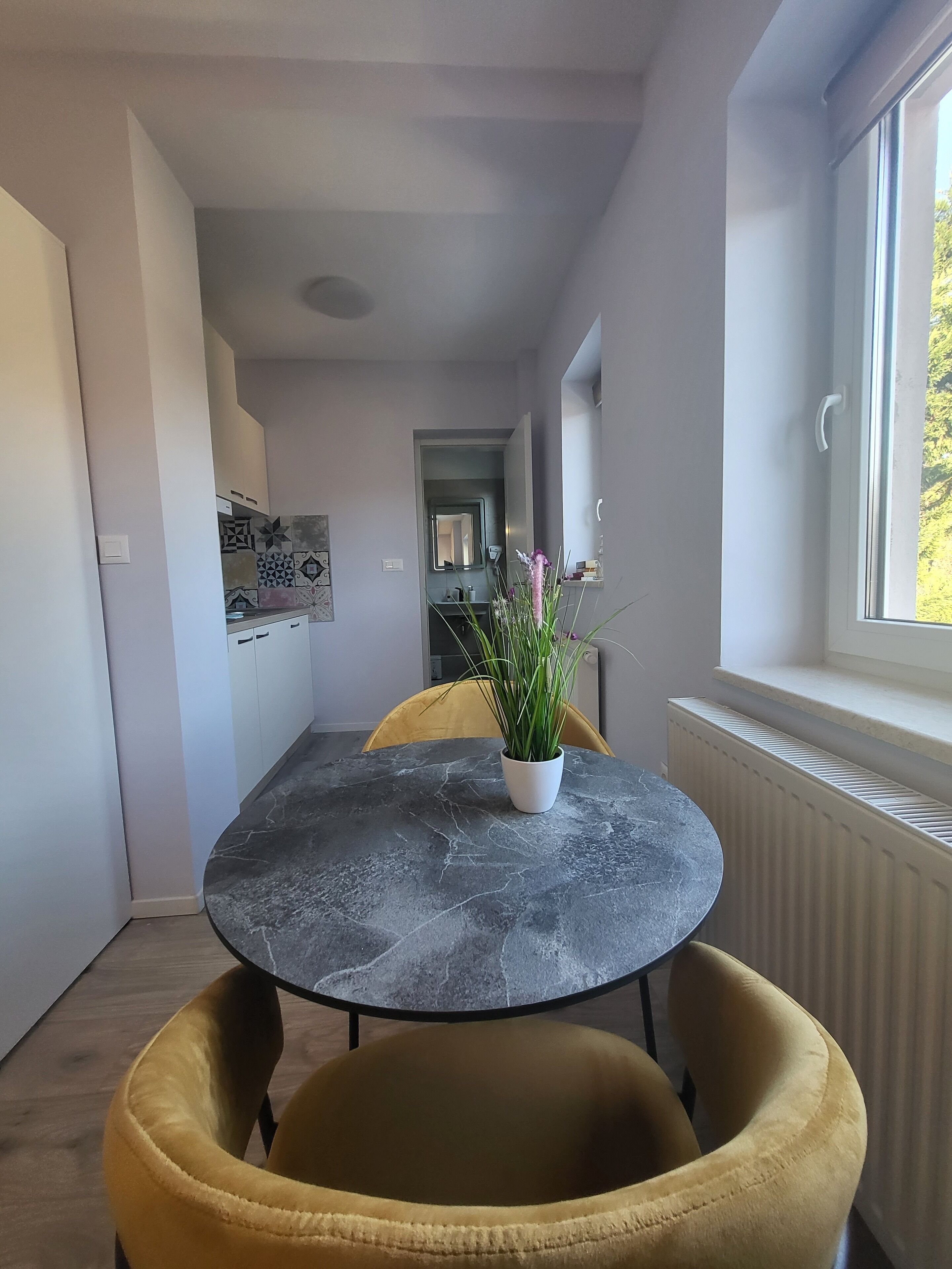 A modern kitchen with a black marble countertop, a yellow chair, and a potted plant.